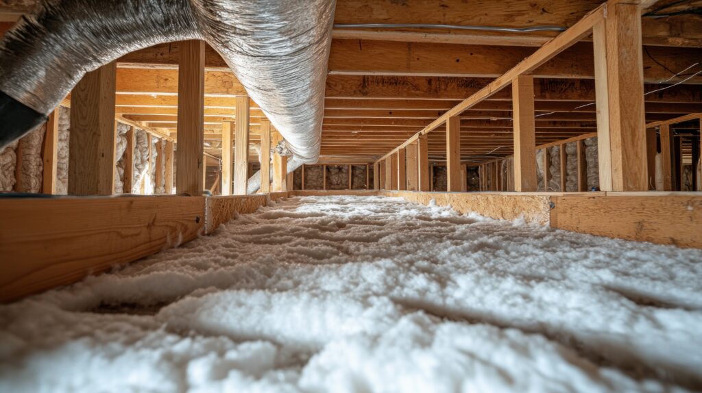 A crawl space with newly installed insulation.